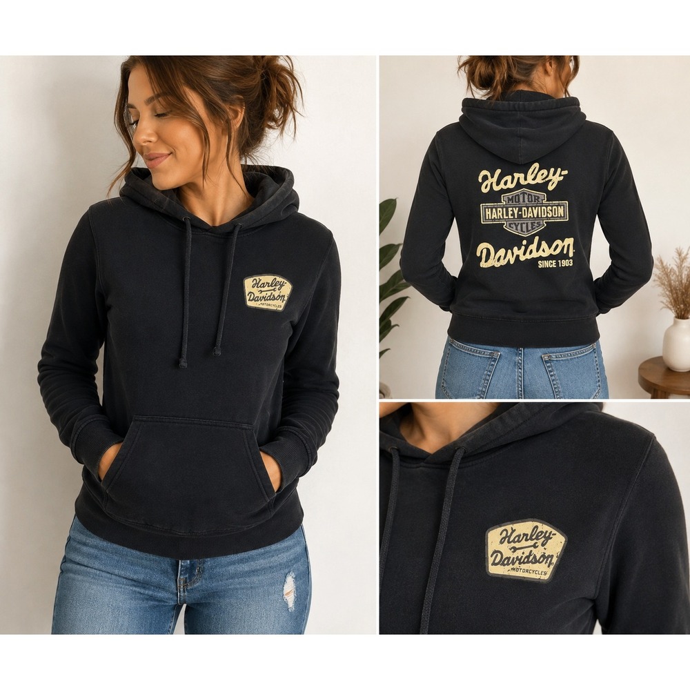 Harley-Davidson Women’s Black Pullover Hoodie M Vintage Biker Heritage Logo moto